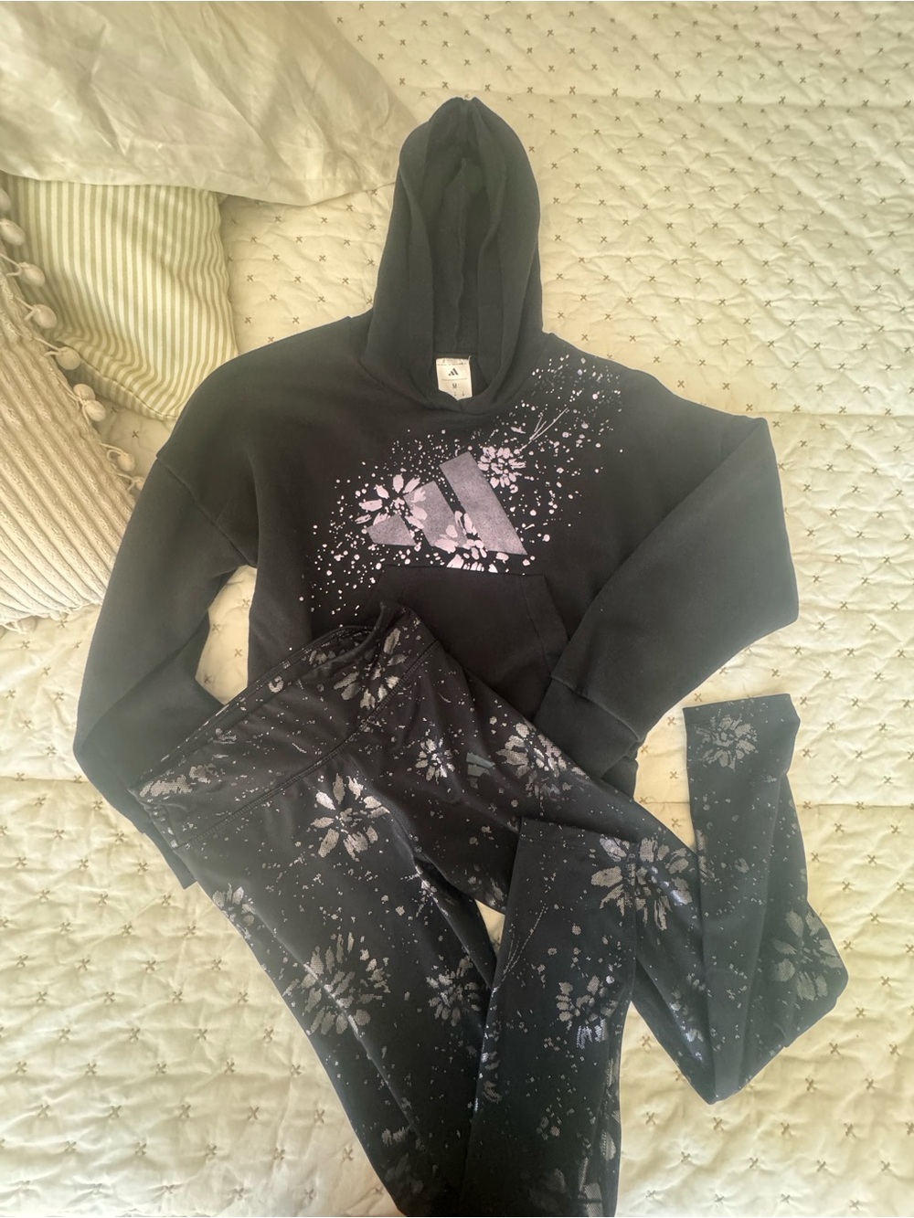 Girls Black Floral Hoodie & Legging Set